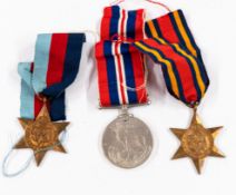 Militaria: 1939-45 Star, War Medal, and Burma Star, with ribbons, original delivery box to FR Burt.
