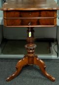 Furniture: a 19th century walnut sewing table, with turned central pedestal foot to a tripod base, 7
