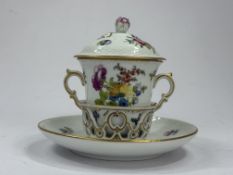 A Potschappel (Carl Thieme) chocolate cup with cover and stand, late 19th century, after Meissen, pa