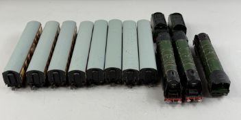 Toys: Diecast Hornby Dublo locomotives, Duchess of Montrose x 3, one tender missing, tin plate coach