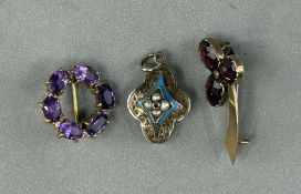 Jewellery: Yellow metal pendant, blue enamelled set with seed pearls with hair box; brooch with a fl