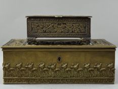 Works Of Art: a brass clad Art Nouveau cigar box, decorated in high relief with images of lilies, ha