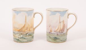A pair of Royal Crown Derby mugs by William Dean for the American market, c.1940, the cylindrical fo