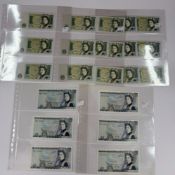 Banknotes: J B Page, £1 notes x 3 prefix C79, 70H, 78T, consecutive notes x 7 N34 124258 to N34 1242