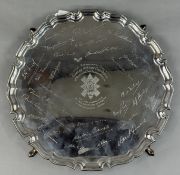 Silver: a piecrust edged tray by Mackay & Chisholm, Edinburgh 1939, standing upon four feet and 
