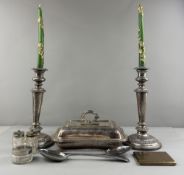Silver Plate: a pair of Sheffield Plate candlesticks, removeable sconces, 29cm; an entree dish, a pa