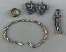 Jewellery: White metal 6mm band, a twisted link bracelet, a dagger-style brooch and a double shield 
