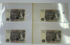Banknotes: J B Page, £10 notes x 4 prefix B85, B65, C71, and replacement note M03, all notes UNC, EP