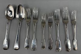 Silver: Georgian and Victorian flatware consisting of seven forks, a mixture of Old English and Fidd