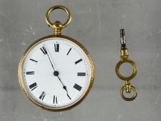 Watches: a yellow metal cased open faced fob watch, marked K18 and testing as gold, the rear engrave