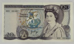 Banknotes: J B Page, £20 replacement note serial number M03 021681, about UNC-to-UNC, EPM B329.