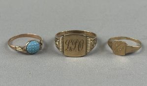 Jewellery: a 9ct yellow gold signet ring, the shoulders with raised scrolls, the table engraved with