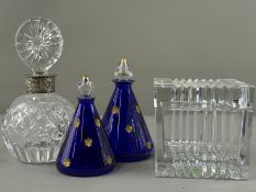 Glassware: a cut glass box of cube form by Mikasa of Slovena, 10.5cm; a tapering blue glass scent bo