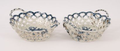 A pair of Worcester blue and white baskets, c.1760-70, printed with the Pinecone pattern to the well