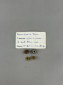 Ancient Artefacts: Saxon beads (4) red polychrome barrel-shaped, yellow ochre barrel and doughnut, s