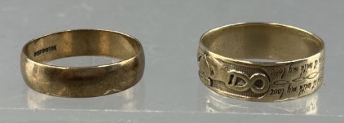 Jewellery: two 9ct yellow gold wedding bands, one plain, UK size X, the other with claddagh style de