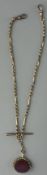 Jewellery: a 9ct yellow gold bar and knot double Albert watch chain, with T bar and two dog clips, a