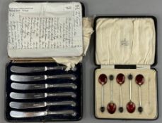Silver: a boxed set of red enamel backed coffee bean spoons by William Suckling, Birmingham 1928, on