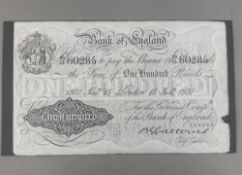 Notaphily: Bank of England £100 note issued in London, 15 January 1931, serial number 39/O 60285, bl