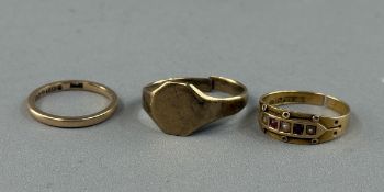 Jewellery: a 9ct yellow gold wedding band, London 1953, UK size L, 1.8g; a cut 9ct gold signet ring,