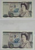 Banknotes: David H F Somerset, £20 notes serial number 55H 916936 and a very scarce note 01A 102557,