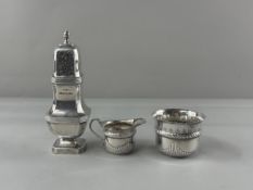 Silver: Hallmarked silver cream jug and sugar bowl with reed pattern, hallmarked London, and a silve