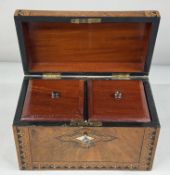 Woodenware: a 19th century burr walnut veneered two compartment tea caddy, domed top with marquetry 