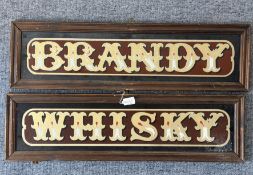 A pair of vintage mirrored glass pub signs, mid century, inscribed 'Whisky' and 'Brandy' in gilt and