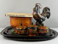 Decorative Arts: five Khokhloma folk decorated metal trays, 20th century, each painted with flowers,