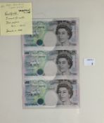 Banknotes: Bank of England Graham Kentfield, 3X £5 notes uncut 1993 Debden set C108, prefix AC01, AC