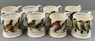 Eight ornithological Emma Bridgewater mugs, decorated with birds including Goldfinch, Green Woodpeck