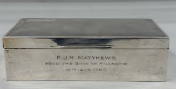 Silver: a cigarette box by James Dixon, Birmingham 1948, with weighted cedarwood lining and engine t
