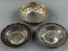 Hallmarked Silver: dishes, one 97mm in diameter with scroll decoration, hallmarked London, and two p