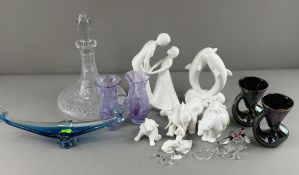 Ceramics: a Coalport white glazed polar bear, a pair of dolphins, a dancing couple, other groups, a 