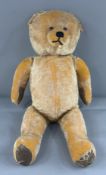 Toys: a mid century fully jointed golden teddy bear, possibly Chiltern, black stitched nose and mout