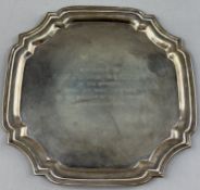 Hallmarked silver 7½ inch card tray with scalloped border, engraved ‘Presented to FLIGHT LIEUTENANT 