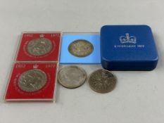 Coins: a cased proof silver crown produced for the Silver Jubilee of Queen Elizabeth II in 1977; two