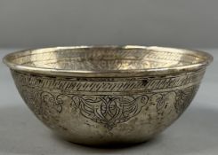 Silver:An Egyptian white metal bowl, engraved with scrolls & calligraphy, bearing Egyptian hallm