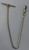 Jewellery: a yellow metal snake style pocket watch chain, marked 9ct to clip and T bar and testing a