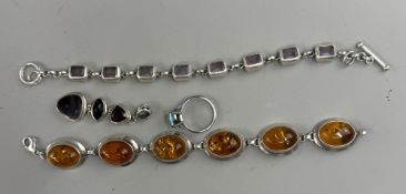 Jewellery: a white metal and amethyst bracelet, marked 925; a reconsitututed amber and white metal b