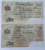 Banknotes: Durham Bank for Jonathan Backhouse, £5 note serial number C/O 378, dated 15 Sept 1883, se
