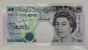 Banknotes: Bank of England, Merlyn Lowther, £5 (1), Error note, different serial numbers EB61 013988
