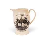 A commemorative creamware jug, c.1799, printed in black with a warship under sail titled 'Success to