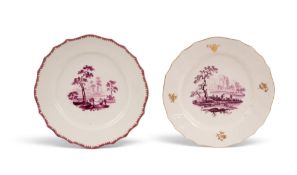 Two Tournai landscape plates, c.1763-74, one painted in purple monochrome with figures on a riverban