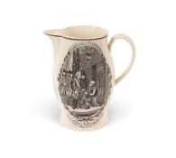 A commemorative creamware jug, c.1793, printed in black with a scene titled 'Surrender of Valencienn