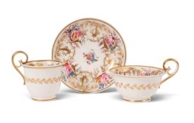 A Nantgarw trio, c.1815-18, comprising a teacup, a coffee cup and a saucer, painted with arrangement