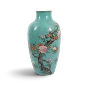 A Chinese turquoise ground vase, six character Qianlong seal mark and of the period 1736-95, painted