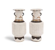 A pair of large Chinese export crackleware vases, 19th century, applied with faux bronze bands of st