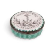 A commemorative English enamel patch or snuff box, c.1797-98, the oval form printed in black with a 