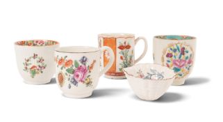 Three Worcester coffee cups, c.1760-80, one reeded and painted with the Parrot in a Ring pattern, on